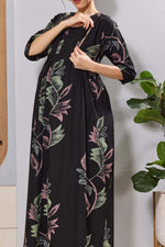 Mangai Black Leaf Print Feeding & Maternity Dress | Long Frock