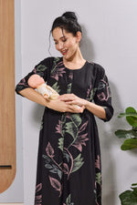 Mangai Black Leaf Print Feeding & Maternity Dress | Long Frock