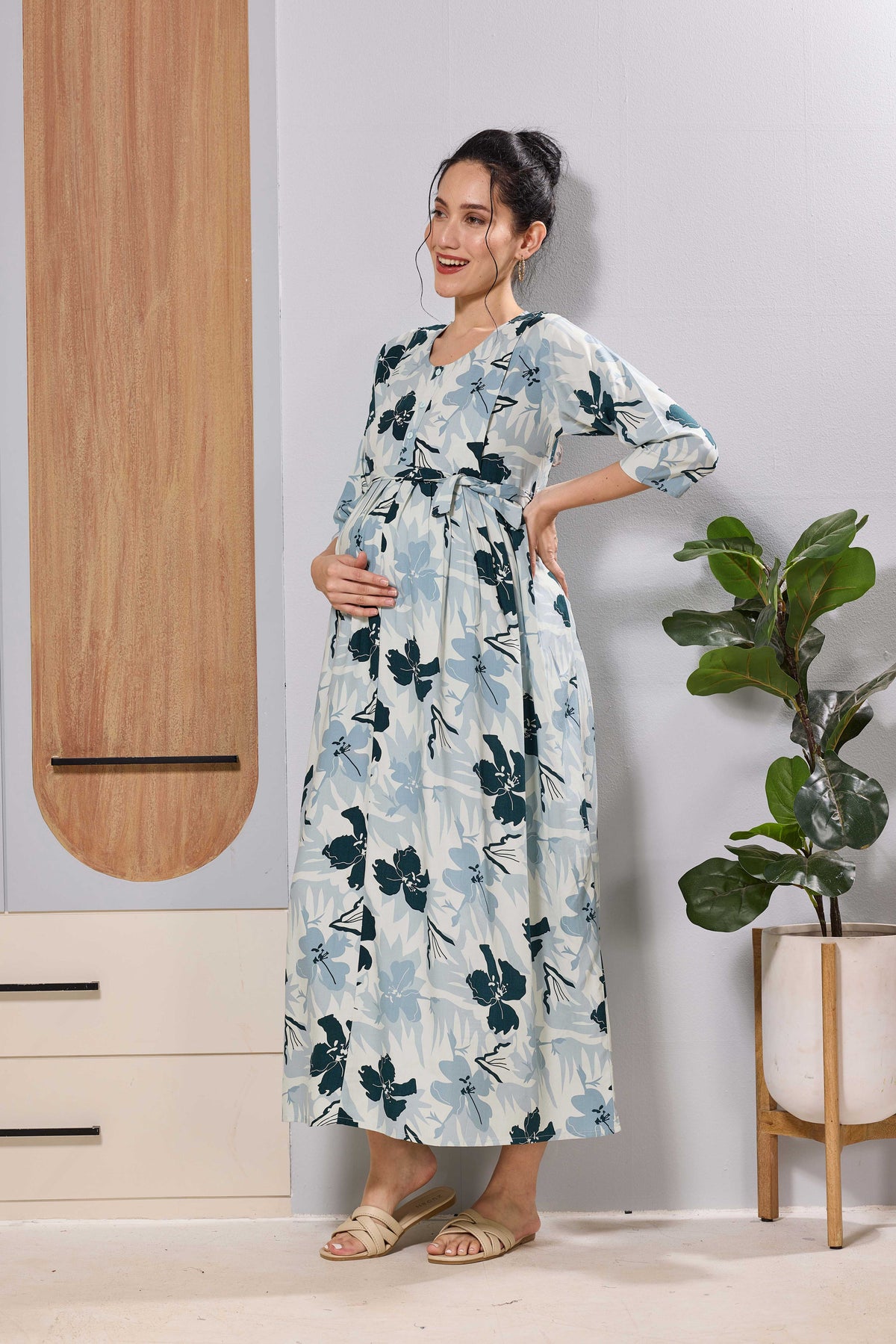 Mangai Blush Pink Floral Feeding Dress | Maternity Long Frock