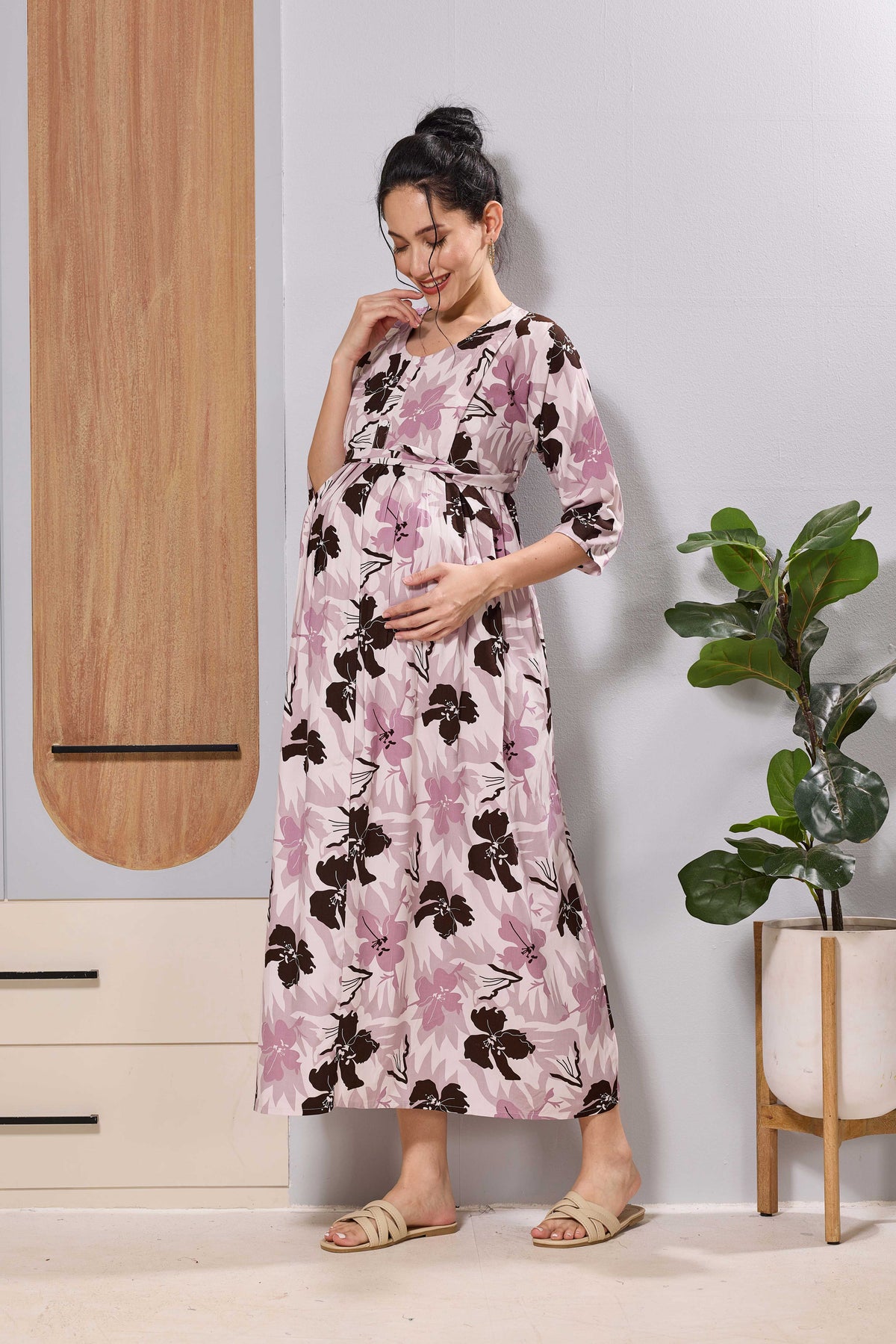 Mangai Blush Pink Floral Feeding Dress | Maternity Long Frock