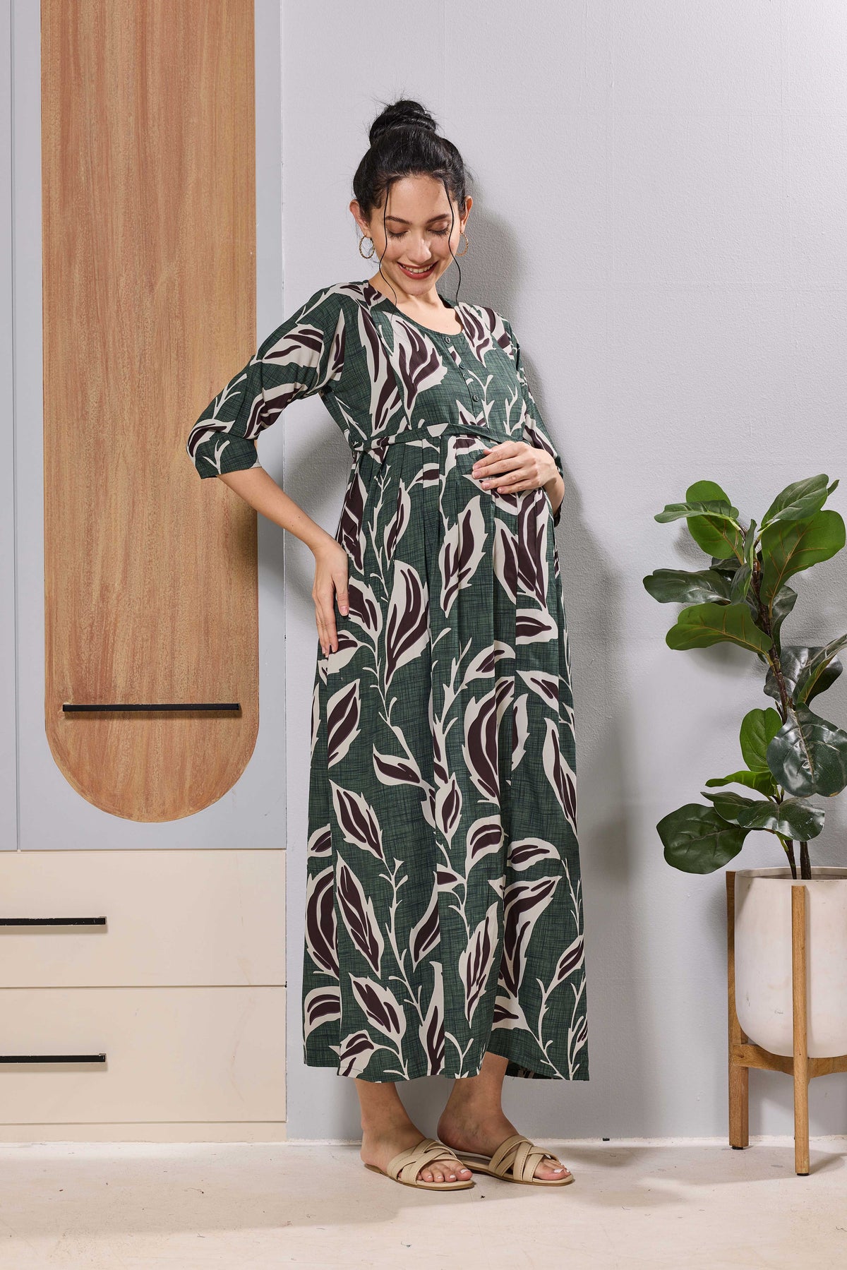 Mangai Coffee Brown Maternity Feeding Dress | Invisible Zipper