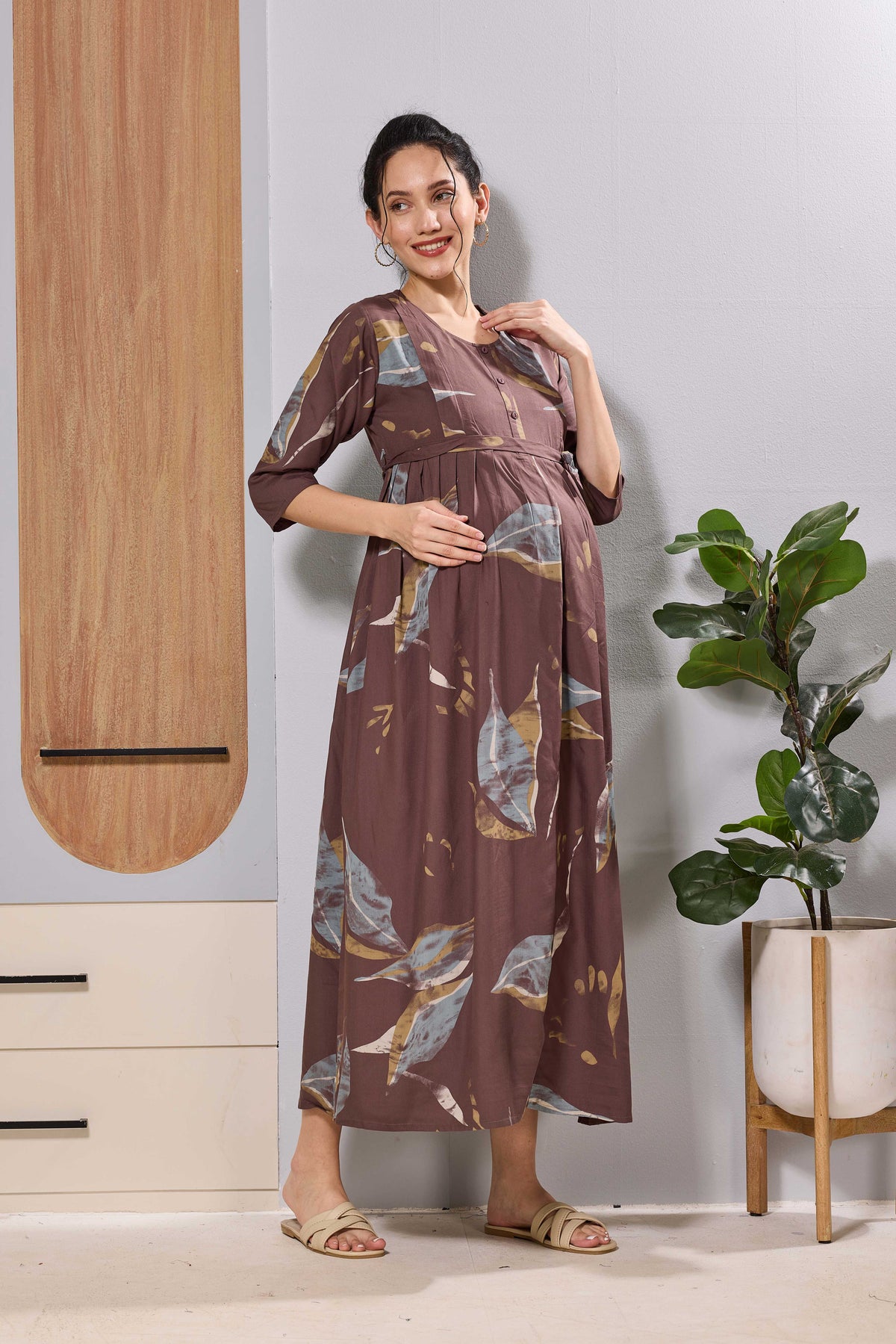Mangai Brown Printed Feeding & Maternity Wear Long Frock Dress
