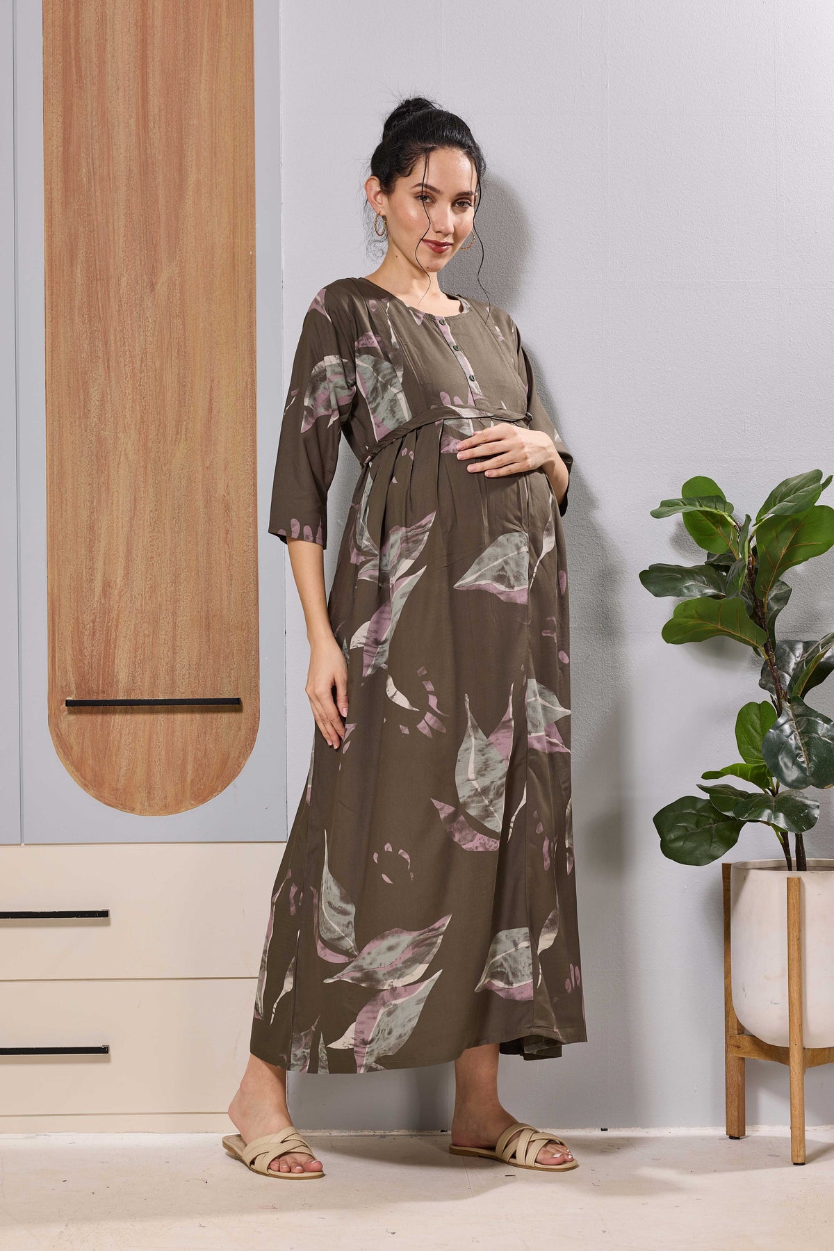 Mangai Brown Printed Feeding & Maternity Wear Long Frock Dress