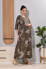 Mangai Brown Printed Feeding & Maternity Wear Long Frock Dress