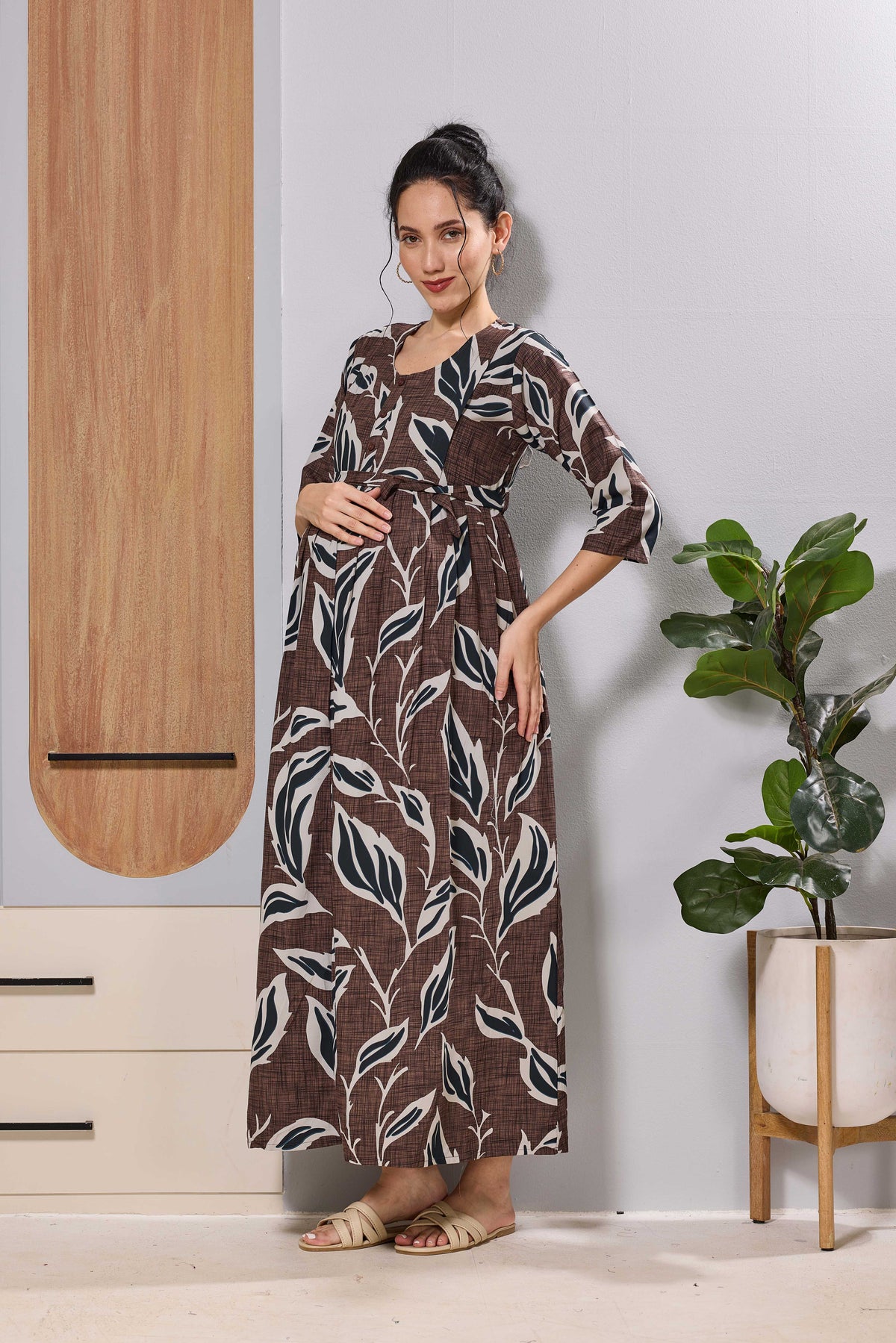 Mangai Coffee Brown Maternity Feeding Dress | Invisible Zipper