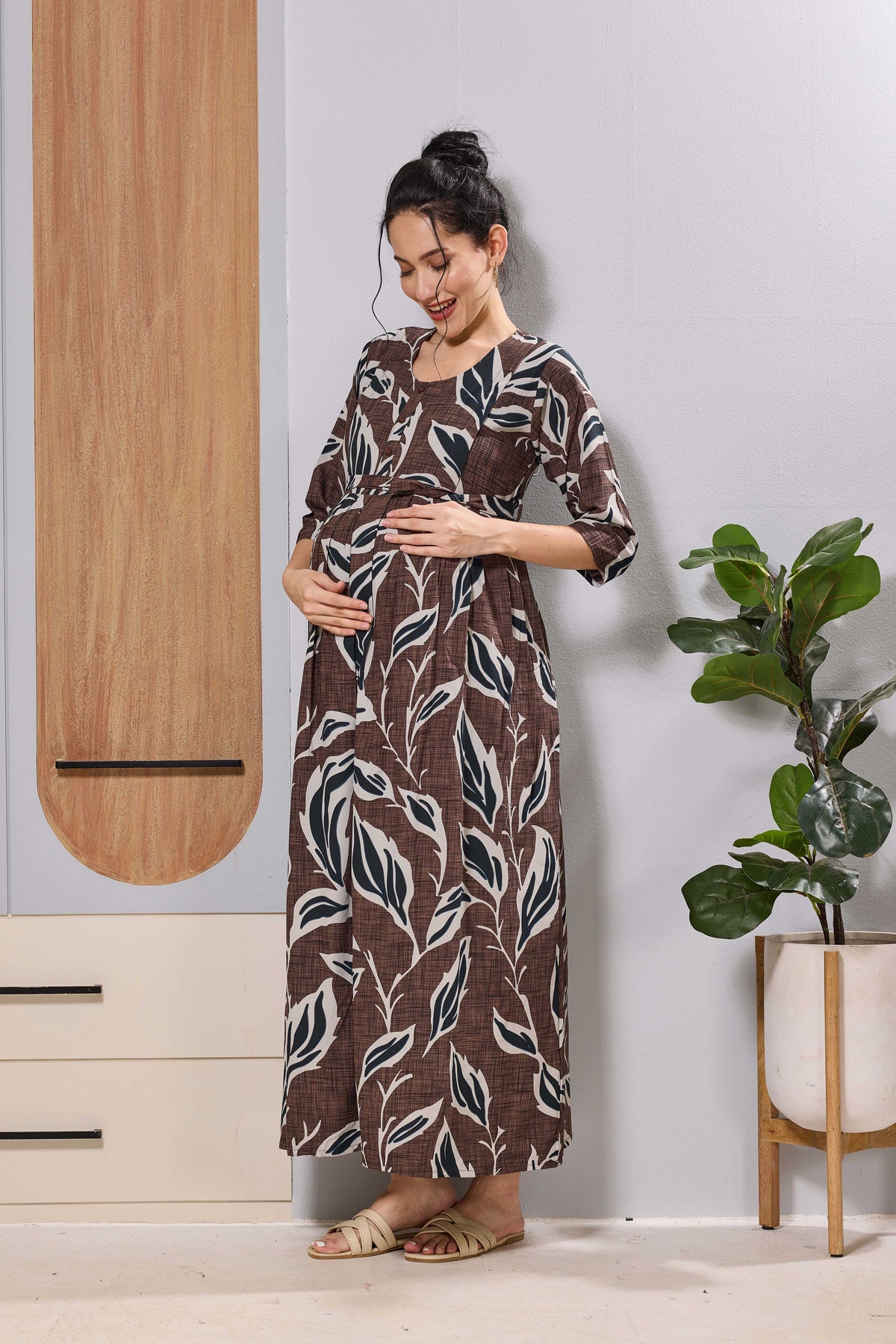 Mangai Coffee Brown Maternity Feeding Dress | Invisible Zipper