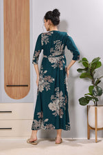 Mangai Teal Blue Floral Feeding Dress | Maternity Long Frock