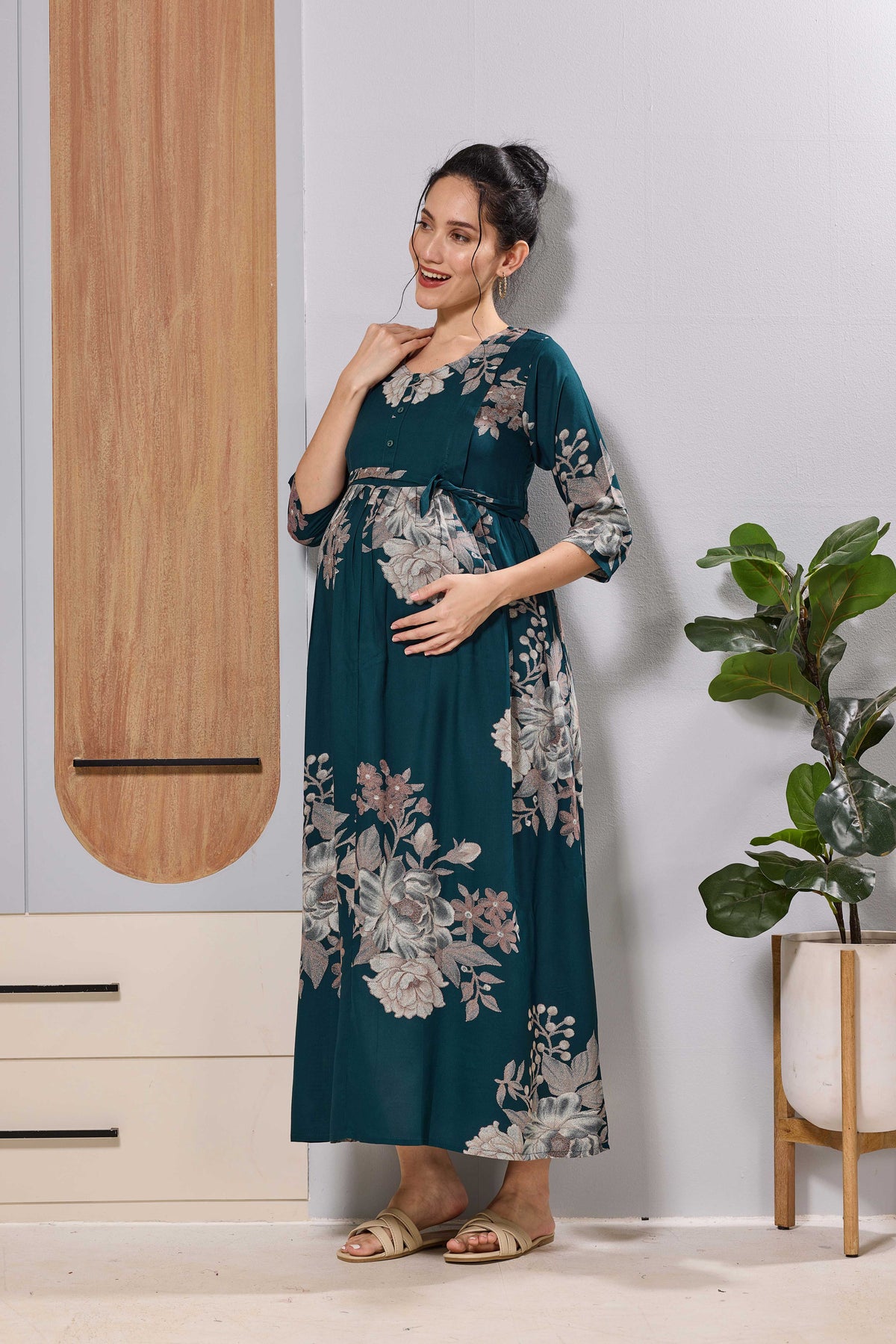 Mangai Teal Blue Floral Feeding Dress | Maternity Long Frock