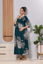 Mangai Teal Blue Floral Feeding Dress | Maternity Long Frock