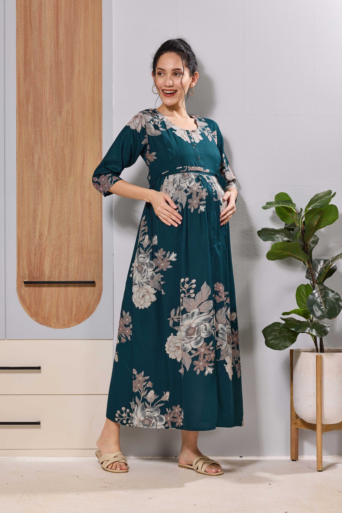 Mangai Teal Blue Floral Feeding Dress | Maternity Long Frock