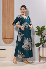 Mangai Teal Blue Floral Feeding Dress | Maternity Long Frock