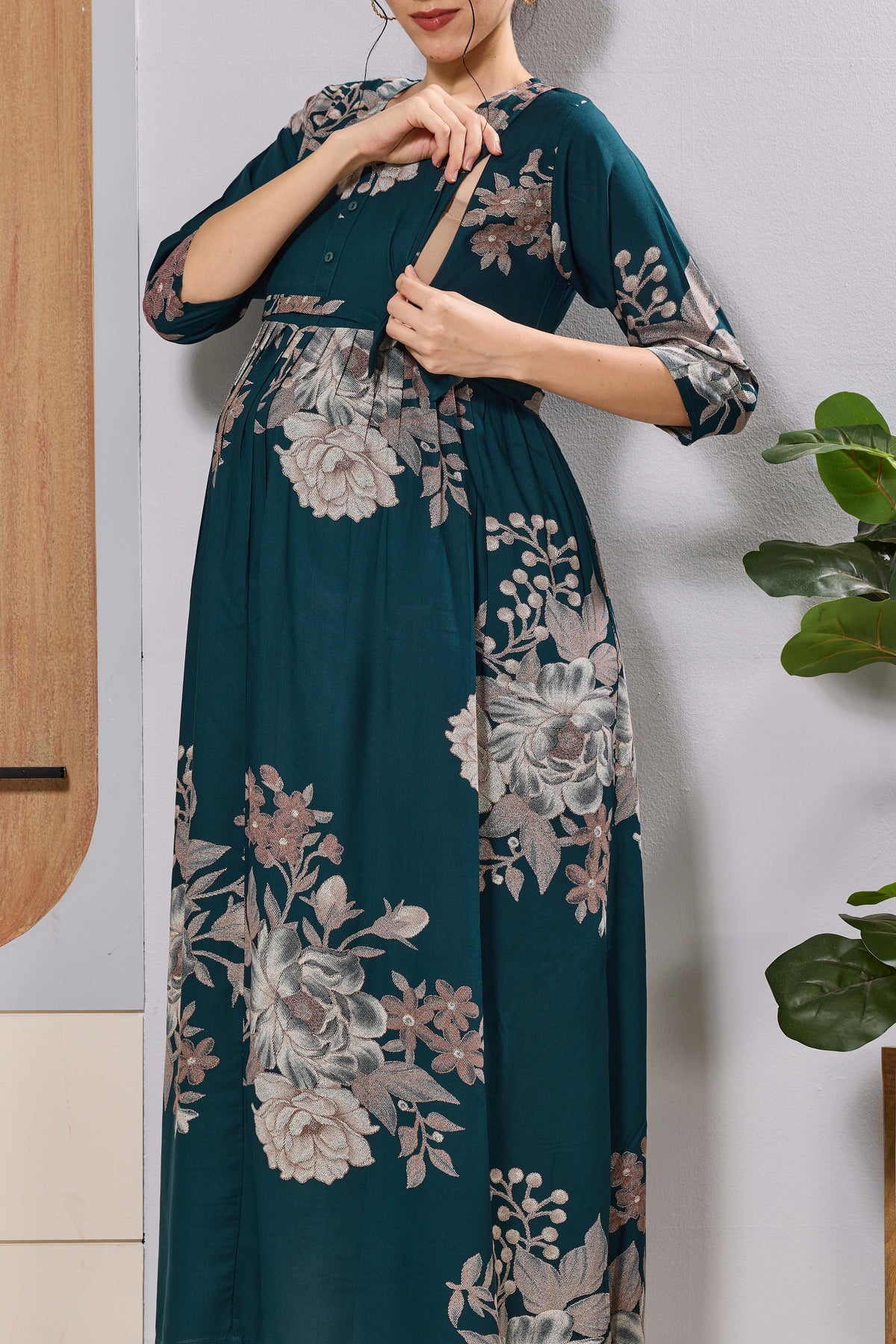 Mangai Teal Blue Floral Feeding Dress | Maternity Long Frock