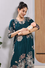 Mangai Teal Blue Floral Feeding Dress | Maternity Long Frock