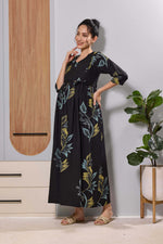 Mangai Black Leaf Print Feeding & Maternity Dress | Long Frock