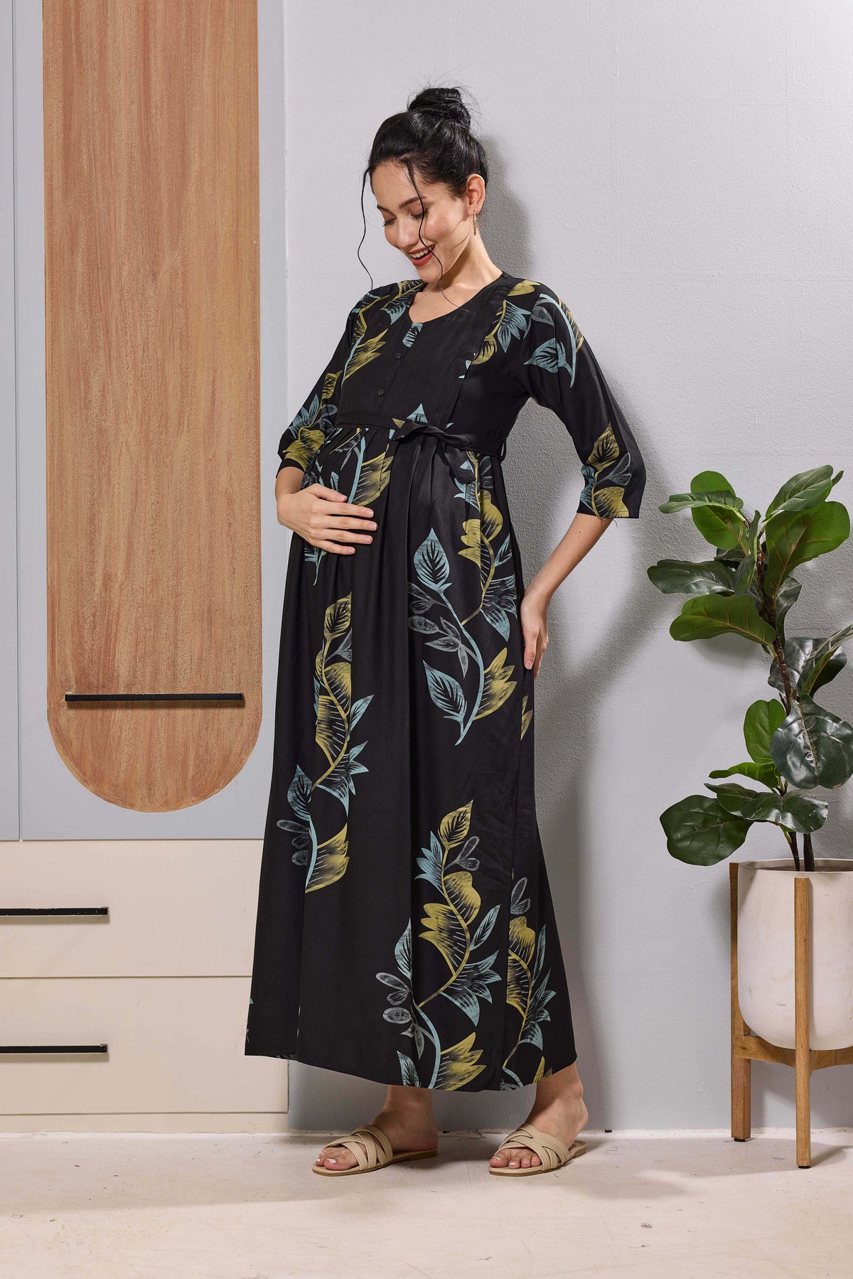 Mangai Black Leaf Print Feeding & Maternity Dress | Long Frock