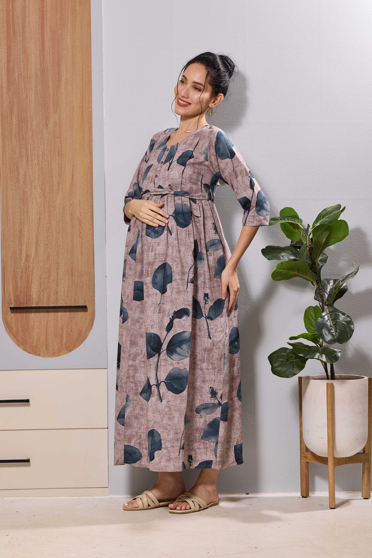 Mangai Dusty Pink Maternity Feeding Long Frock with Zip