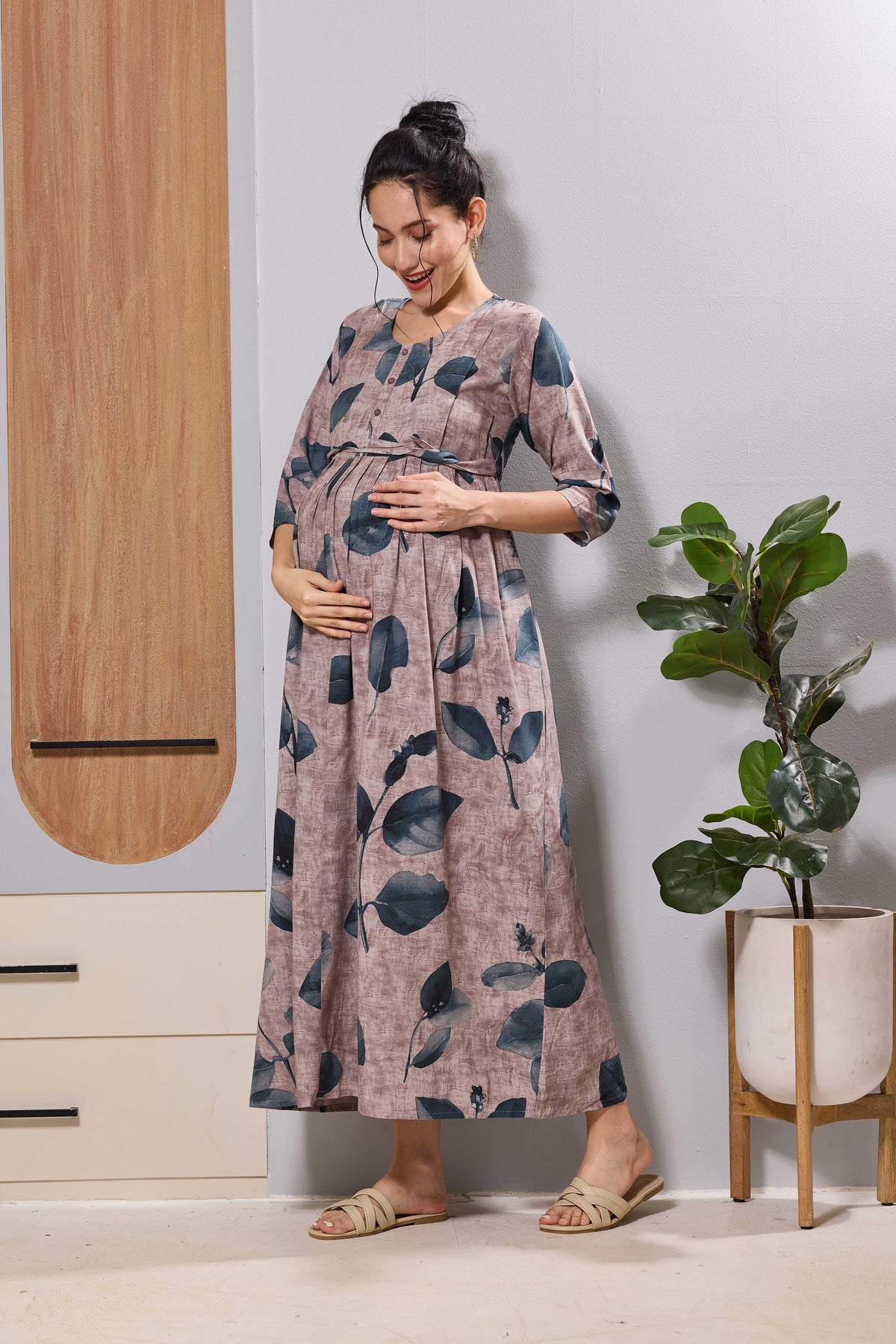 Mangai Dusty Pink Maternity Feeding Long Frock with Zip