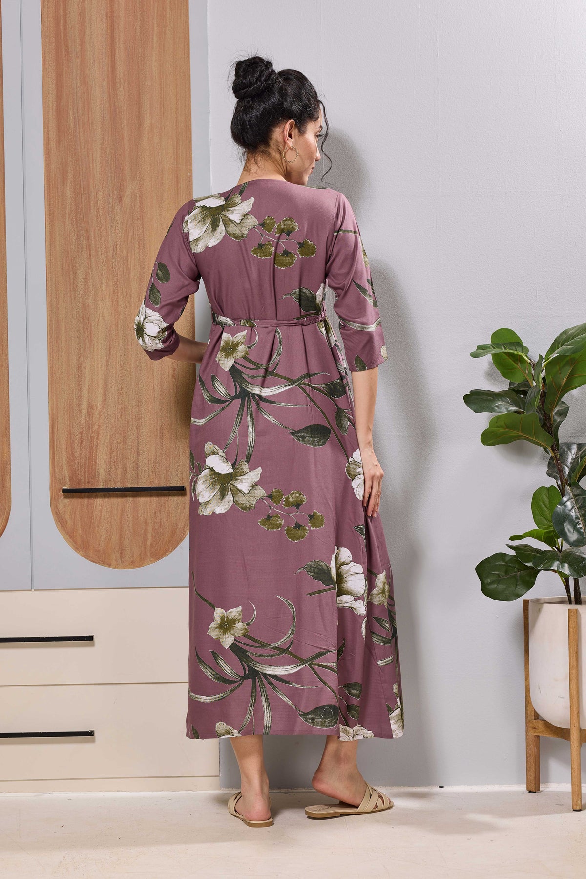 Mangai Mauve Maternity Feeding Long Frock with Invisible Zip