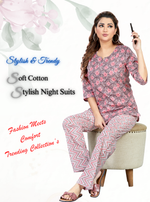 MANGAI Premium Cotton Printed Cambric Night Suits | Stylish Print's All Over | Top & Bottom Set | 3/4 Sleeve | Trendy Night Suits for Stylish Women's (CMNS)