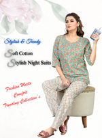 MANGAI Premium Cotton Printed Cambric Night Suits | Stylish Print's All Over | Top & Bottom Set | 3/4 Sleeve | Trendy Night Suits for Stylish Women's (CMNS)