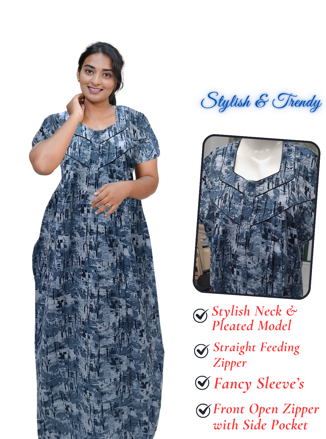 MANGAI Cotton Straight Zip Feeding Nighty |Post Pregnancy | Comfort and Style | Pleated Model | Soft Cotton Feeding Nighties (STF)