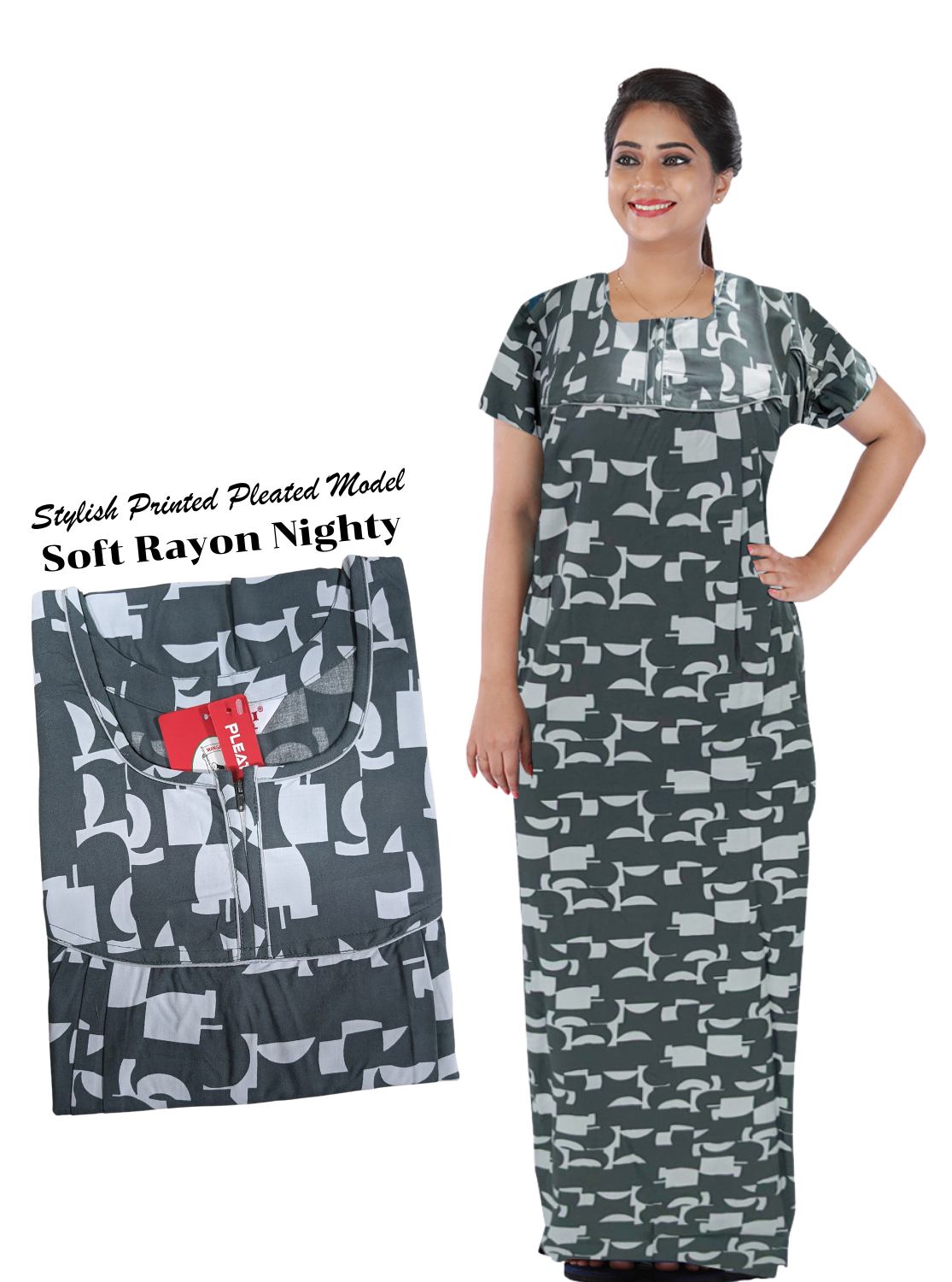 New MANGAI RAYON Pleated Model Nighties - All Over Printed Stylish Nightwear for Stylish Women | Beautiful Nighties for Stylish Women's | Shrinkage Free Rayon Nighties