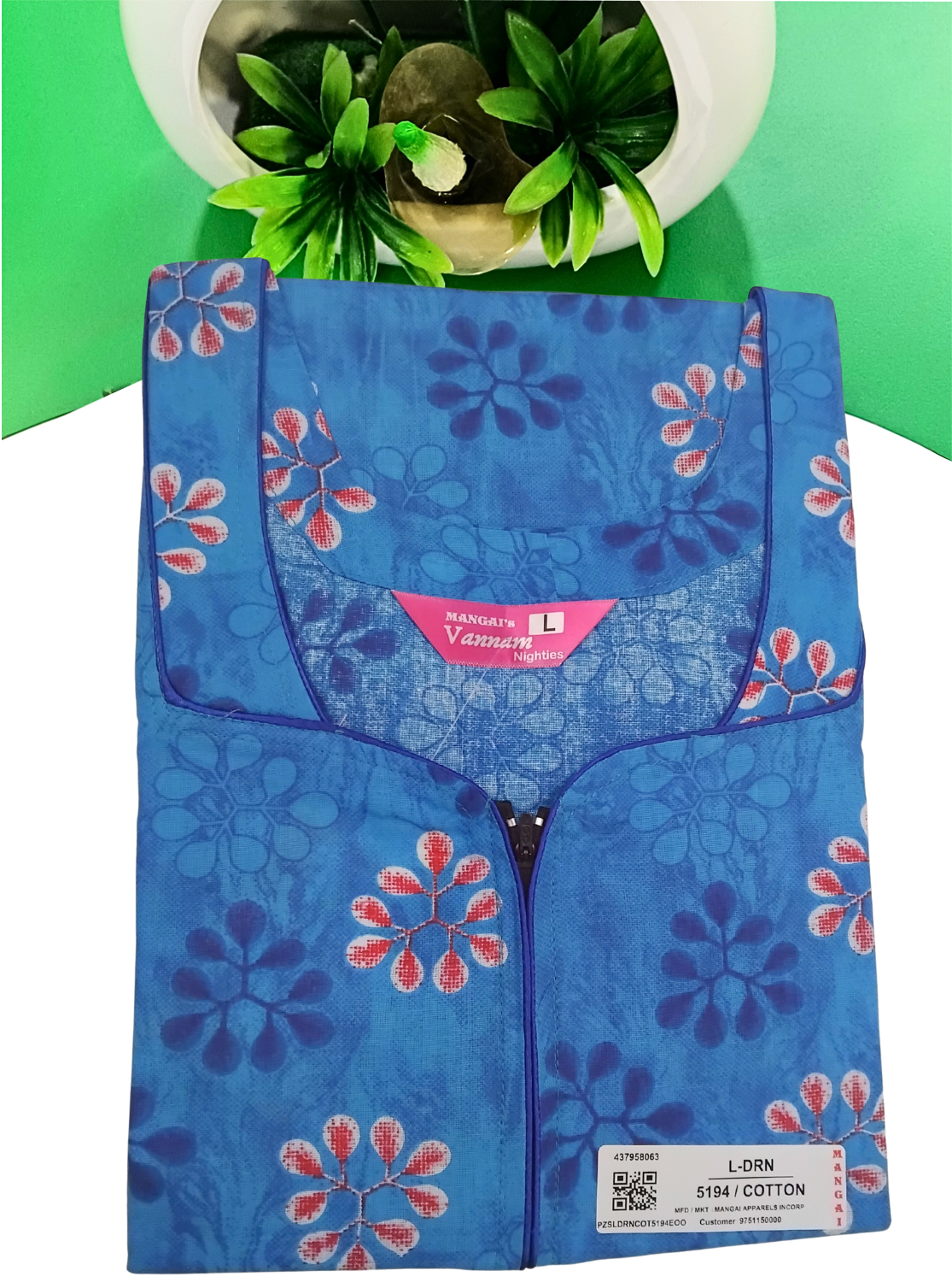 MANGAI Daily Wear Casual Comfort Fit Cotton Printed Nighties | Front Open Zipper Model | Fancy Round Neck with Side Pocket Cotton Nighties (DRN)