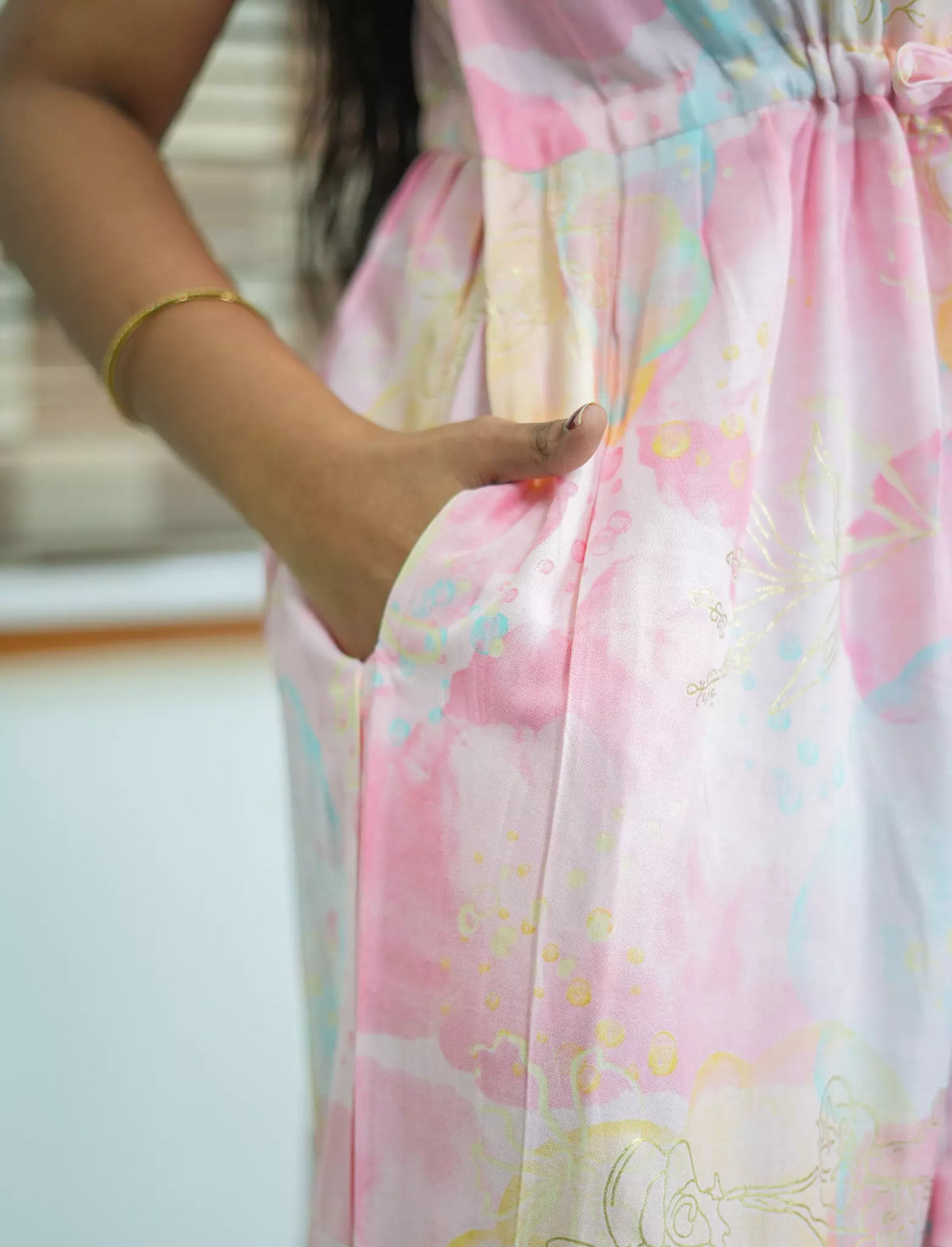 Rayon Abstract Print Foil Gathering Maxi with Puff Sleeve - Mangai Nighties