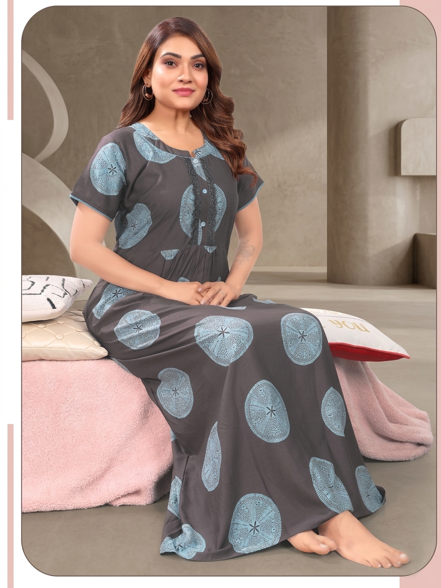 Premium Rayon Pleated Nighty – Modern Geometric Circle Print Half-Sleeve Nightwear with Fancy Lace Neck & Side Pocket Nighty