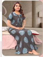 Premium Rayon Pleated Nighty – Modern Geometric Circle Print Half-Sleeve Nightwear with Fancy Lace Neck & Side Pocket Nighty