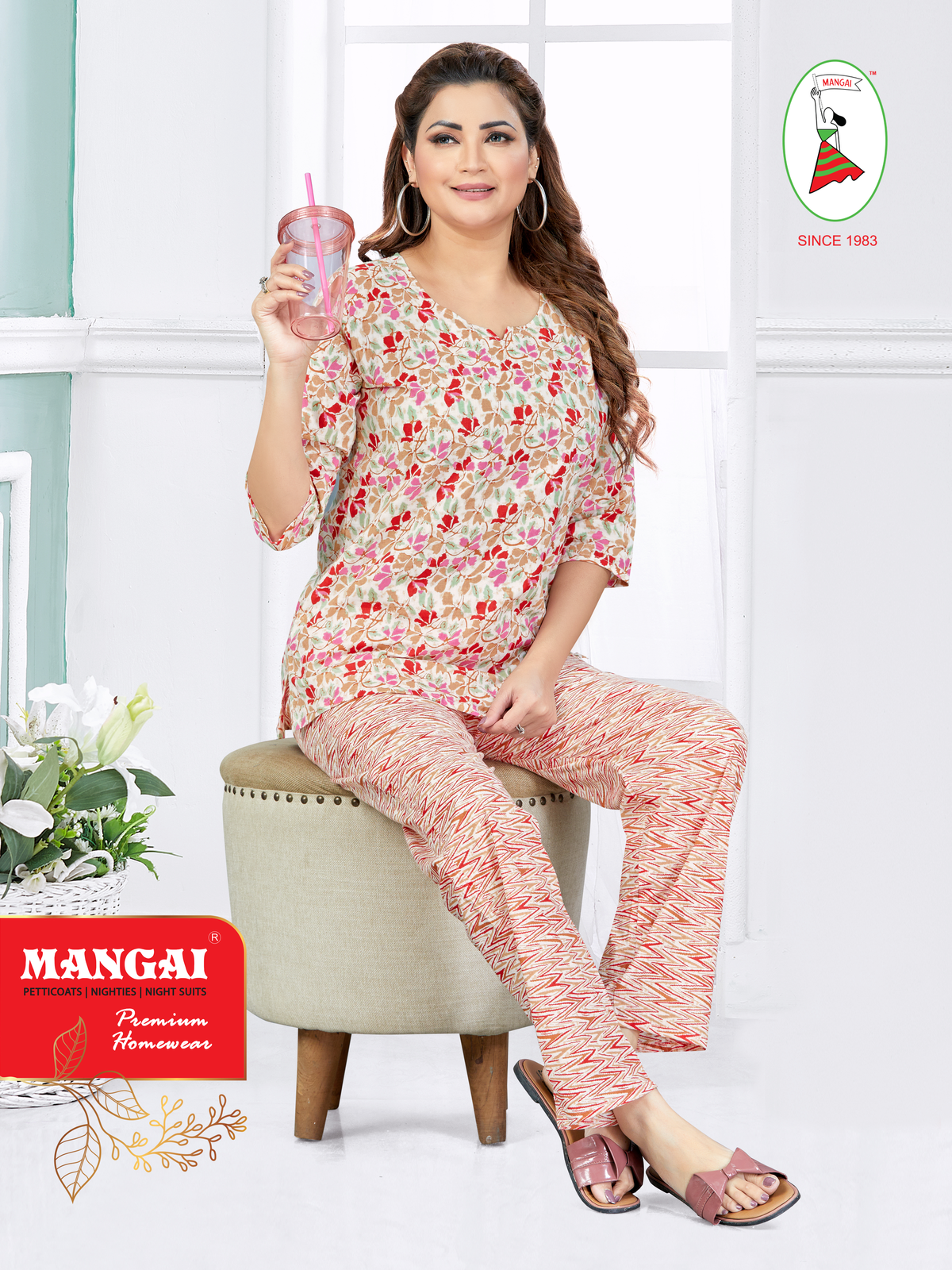 MANGAI Premium Cotton Printed Cambric Night Suits | Stylish Print's All Over | Top & Bottom Set | 3/4 Sleeve | Trendy Night Suits for Stylish Women's (CMNS)