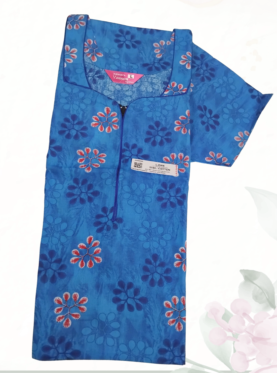 MANGAI Daily Wear Casual Comfort Fit Cotton Printed Nighties | Front Open Zipper Model | Fancy Round Neck with Side Pocket Cotton Nighties (DRN)