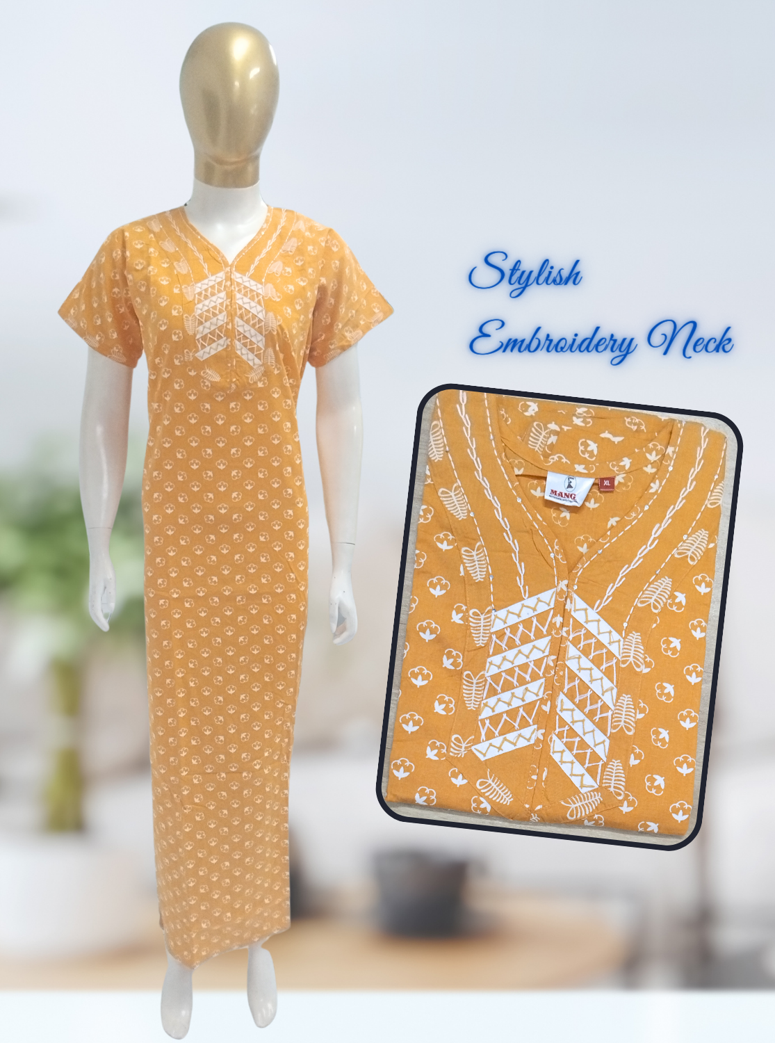 MANGAI New Collection Premium Cotton Embroidery Printed Nighties- All Over Printed Stylish Nightwear for Stylish Women | Trendy Embroidery Neck | Pleated Model (HMS)