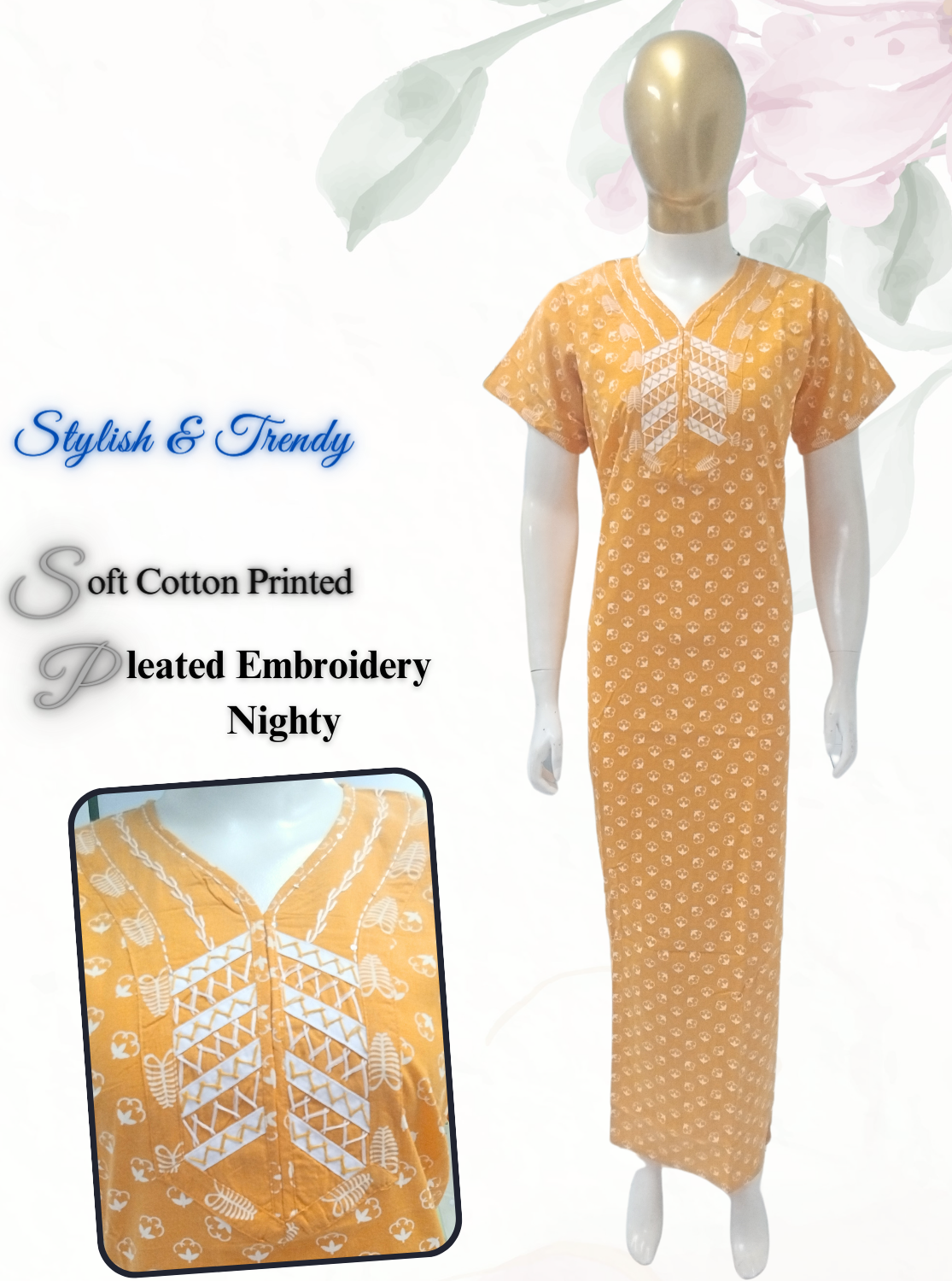 MANGAI New Collection Premium Cotton Embroidery Printed Nighties- All Over Printed Stylish Nightwear for Stylish Women | Trendy Embroidery Neck | Pleated Model (HMS)