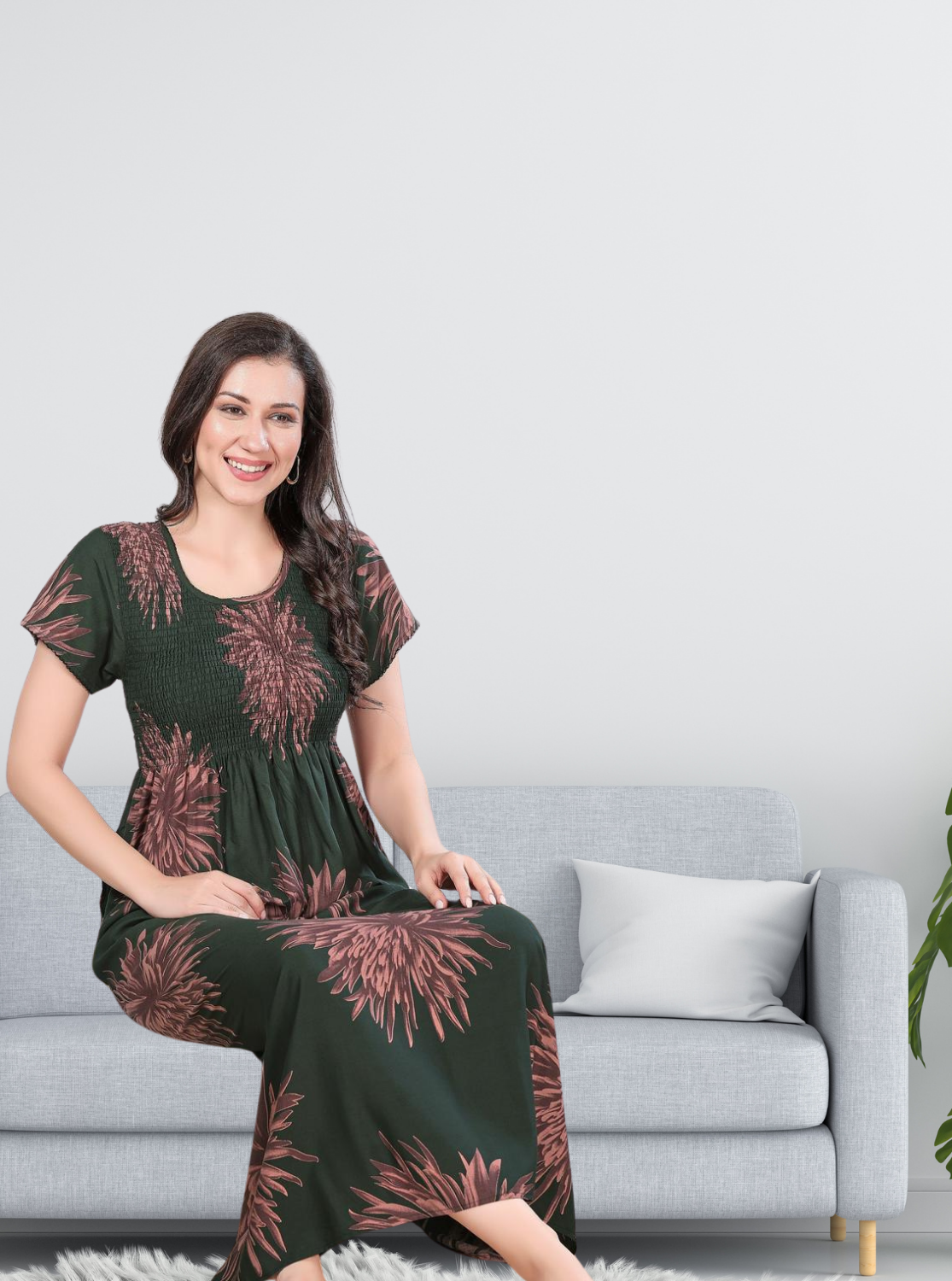 MANGAI Premium RAYON Smocking Nighty | Beautiful Pleated Design | Side Pocket | Stylish Nighty for Trendy Women's | Your Perfect Nightwear Collection's (RYS)