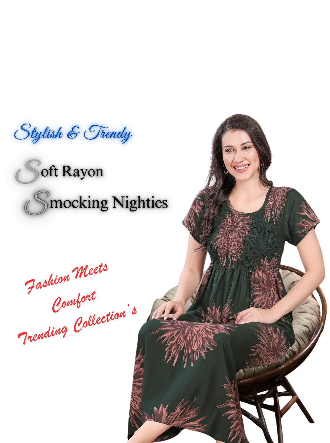 MANGAI Premium RAYON Smocking Nighty | Beautiful Pleated Design | Side Pocket | Stylish Nighty for Trendy Women's | Your Perfect Nightwear Collection's (RYS)
