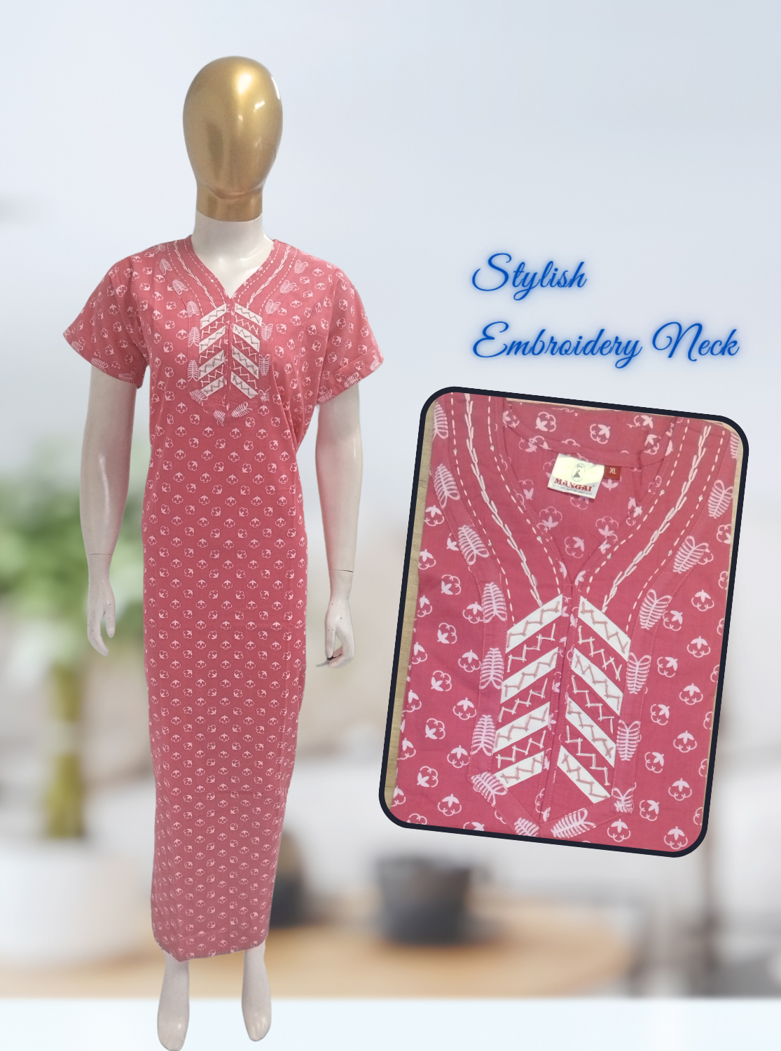 MANGAI New Collection Premium Cotton Embroidery Printed Nighties- All Over Printed Stylish Nightwear for Stylish Women | Trendy Embroidery Neck | Pleated Model (HMS)