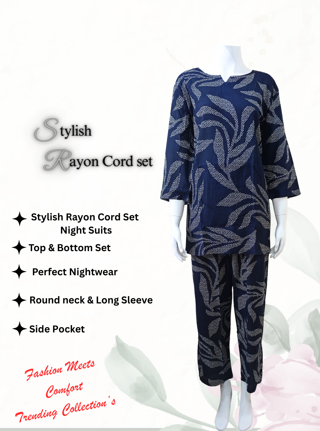 MANGAI Premium Rayon Cord Set Round neck Night Suits for Teenage and Modern Women's A Perfect Nightwear (Rayon Cord Set)