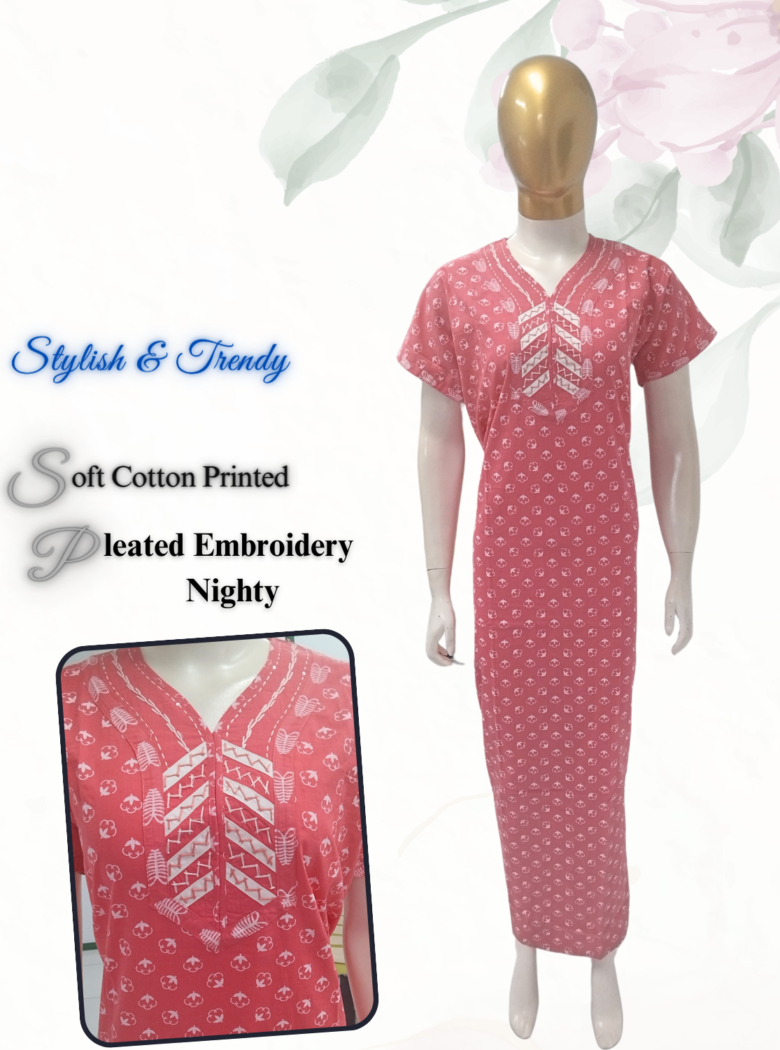 MANGAI New Collection Premium Cotton Embroidery Printed Nighties- All Over Printed Stylish Nightwear for Stylish Women | Trendy Embroidery Neck | Pleated Model (HMS)