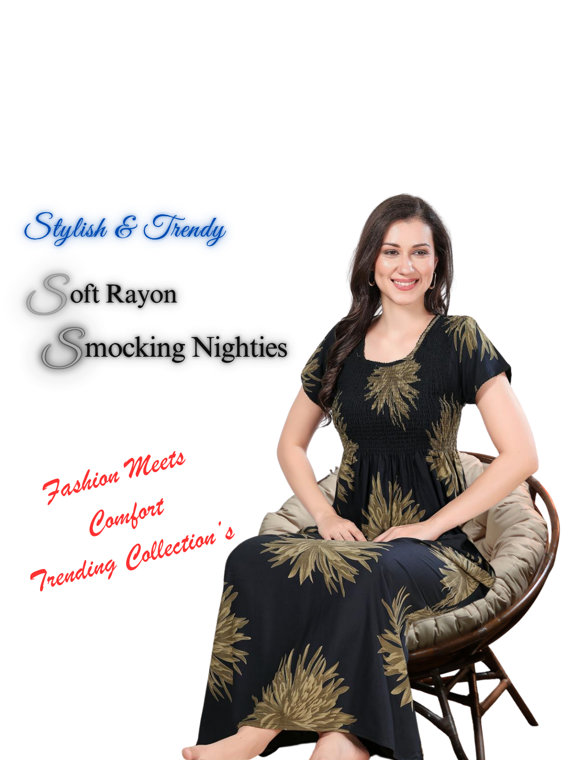 MANGAI Premium RAYON Smocking Nighty | Beautiful Pleated Design | Side Pocket | Stylish Nighty for Trendy Women's | Your Perfect Nightwear Collection's (RYS)