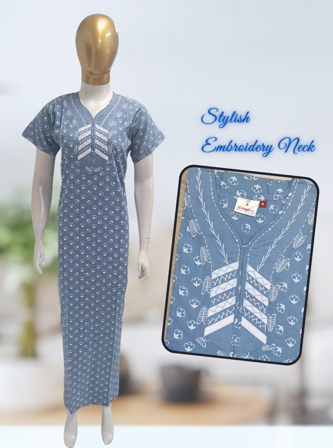 MANGAI New Collection Premium Cotton Embroidery Printed Nighties- All Over Printed Stylish Nightwear for Stylish Women | Trendy Embroidery Neck | Pleated Model (HMS)