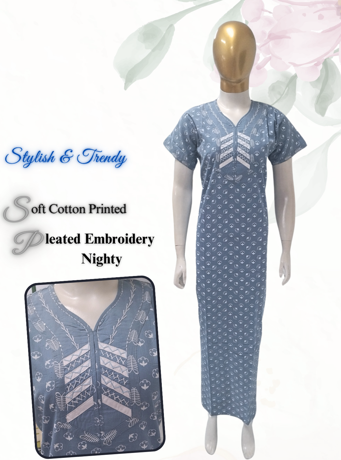 MANGAI New Collection Premium Cotton Embroidery Printed Nighties- All Over Printed Stylish Nightwear for Stylish Women | Trendy Embroidery Neck | Pleated Model (HMS)