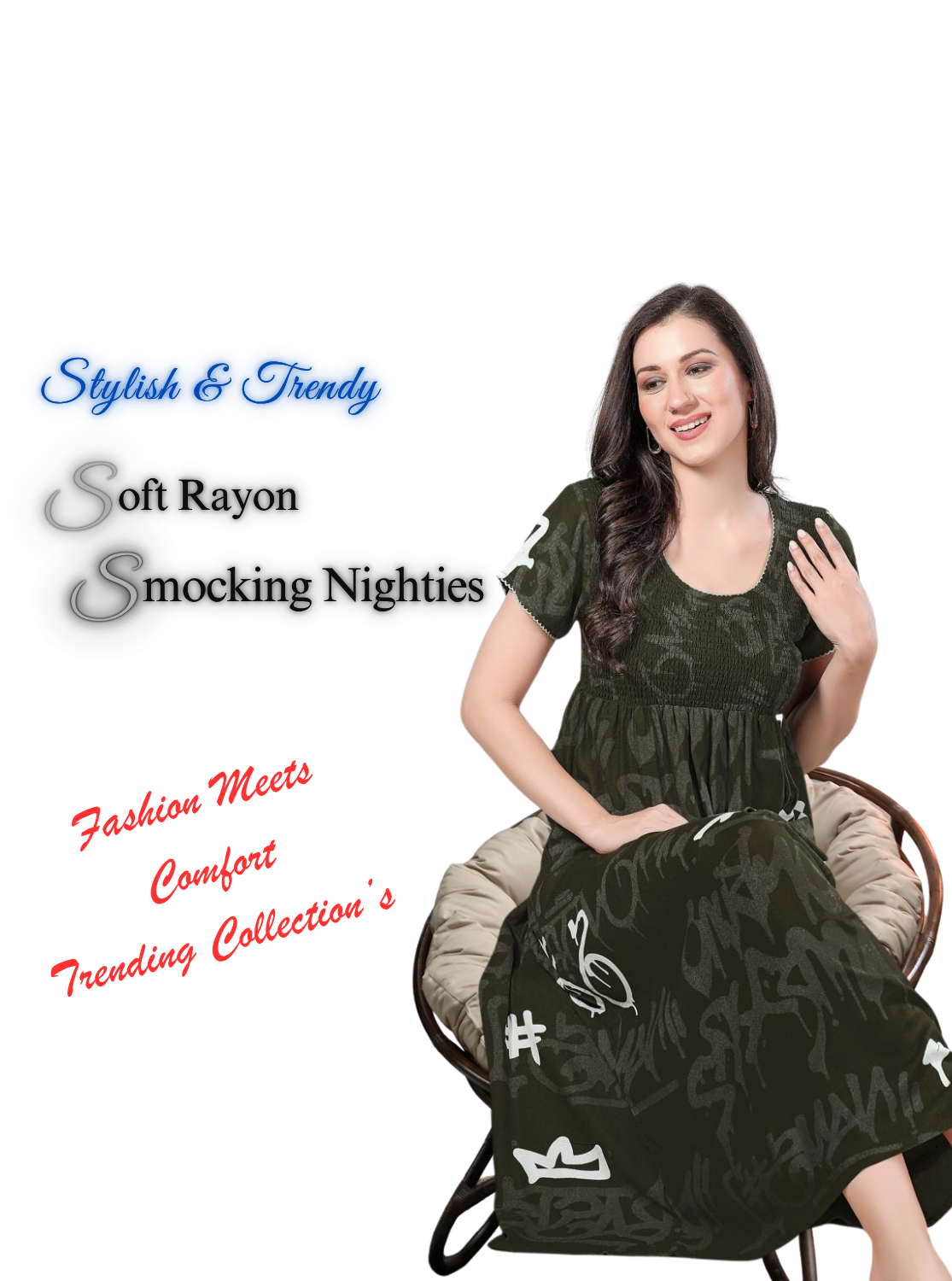 MANGAI Premium RAYON Smocking Nighty | Beautiful Pleated Design | Side Pocket | Stylish Nighty for Trendy Women's | Your Perfect Nightwear Collection's (RYS)