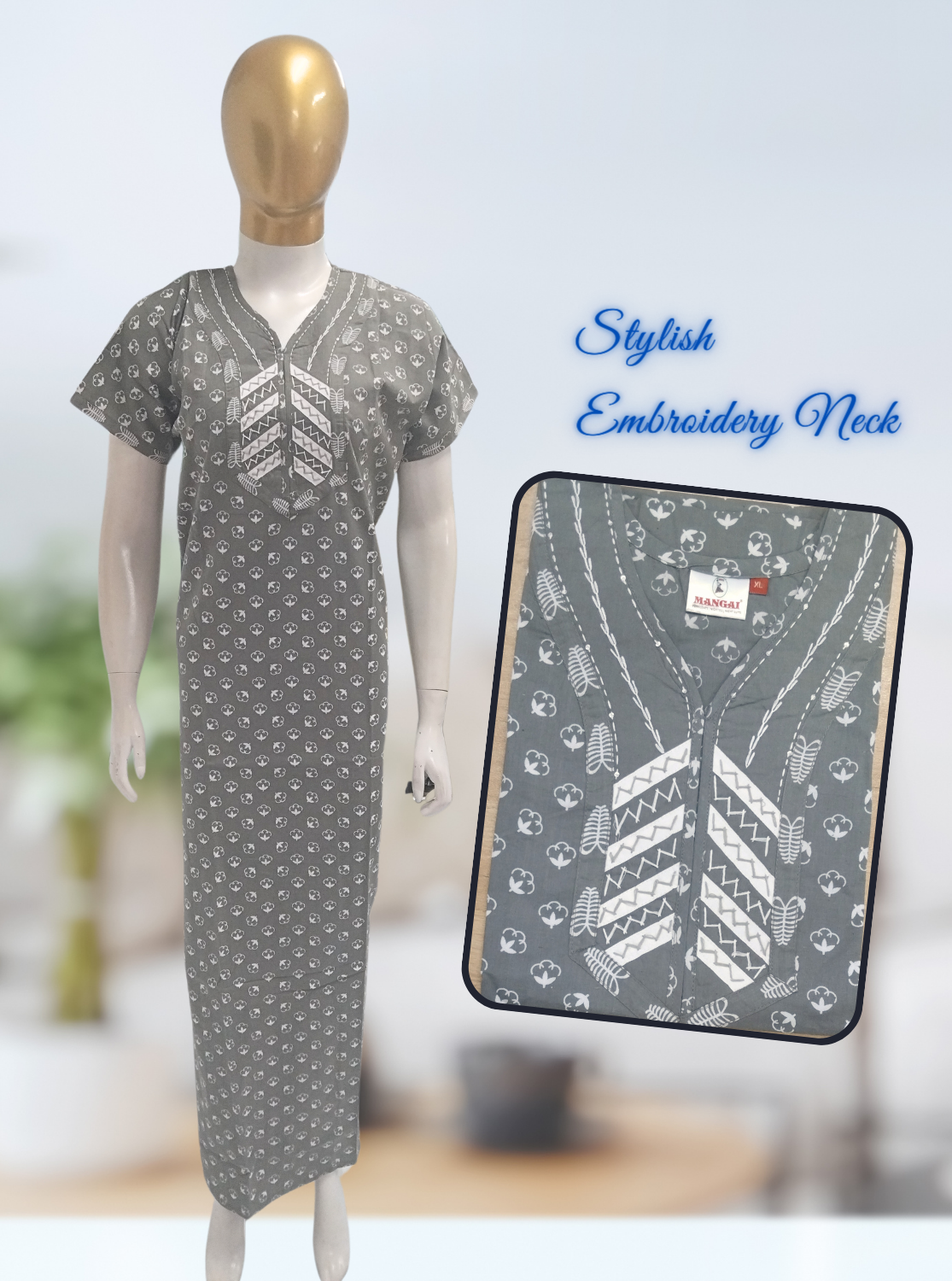 MANGAI New Collection Premium Cotton Embroidery Printed Nighties- All Over Printed Stylish Nightwear for Stylish Women | Trendy Embroidery Neck | Pleated Model (HMS)