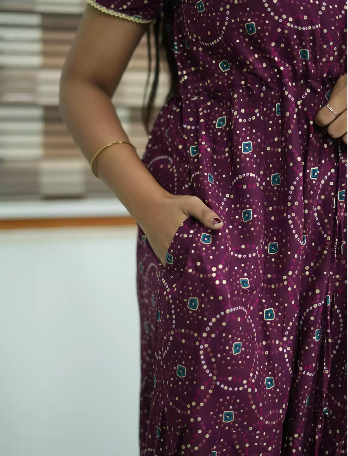 Rayon Circle Print Gathering Maxi with Side Pocket- Mangai Nighties