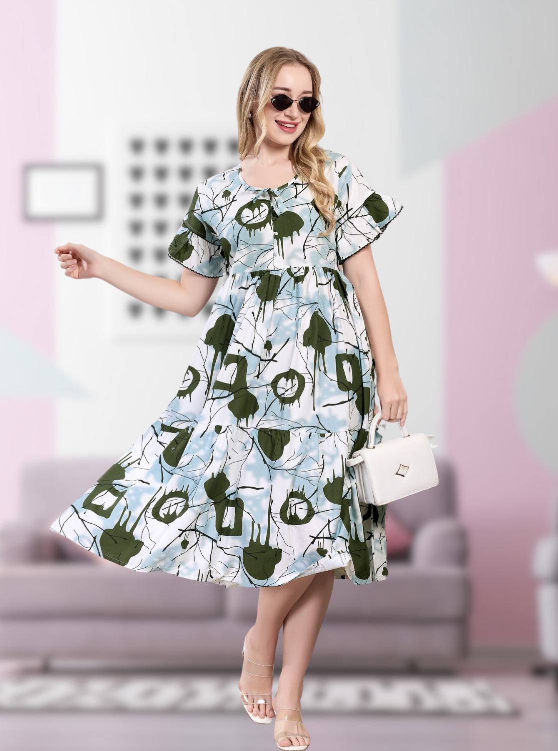 Rayon MAXI FROCK Model Nighties | Fancy Petal Sleeve | Fancy Neck & Side Pocket | Pleated Frock MAXI Style | Trendy Collection's for Stylish Women & Teenage Girl (PSG-H)