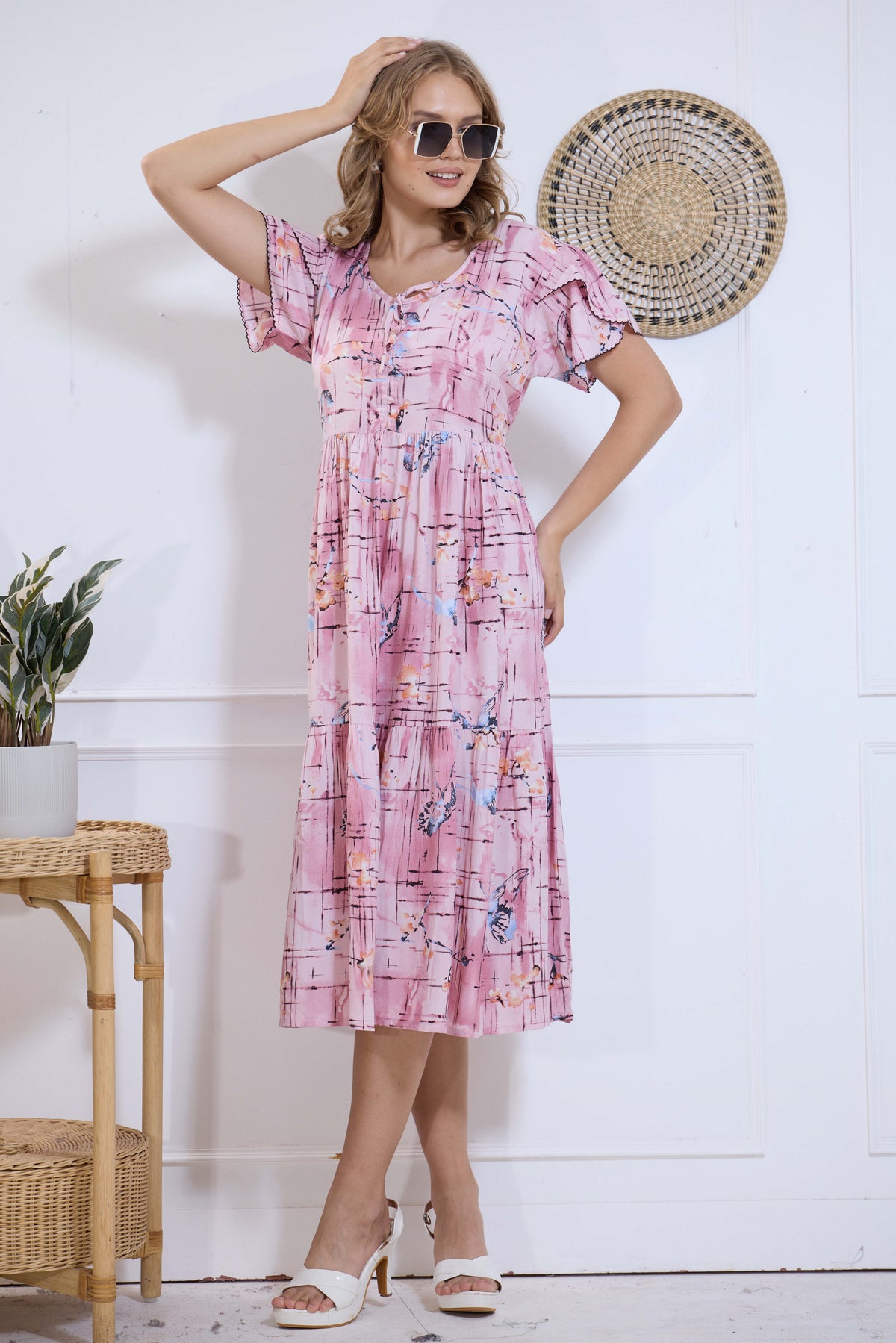 Imported Rayon MAXI FROCK Model Nighties | Fancy Petal Sleeve | Fancy Neck & Side Pocket | Pleated Frock MAXI Style | Trendy Collection's for Stylish Women & Teenage Girl (IRM)