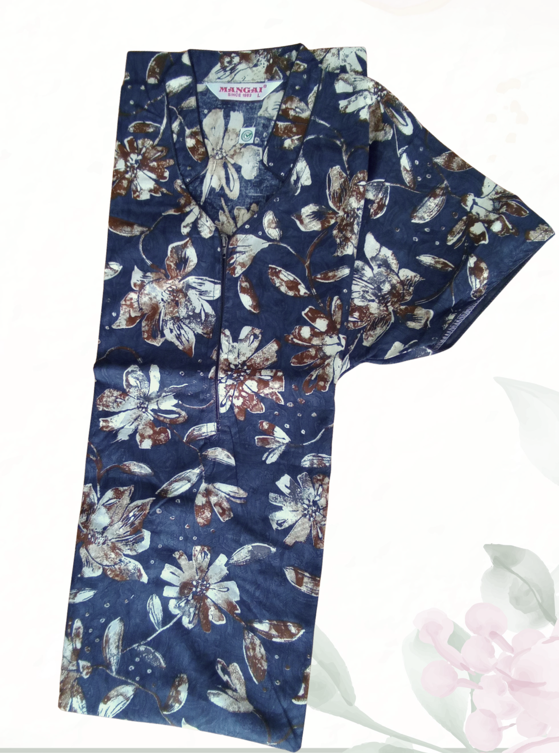 MANGAI Regular Cotton Printed Nighty for Women | Collar Neck Full Length Nighty with Front Zipper & Side Pocket | Half Sleeve Comfort Fit House Wear (ATR)
