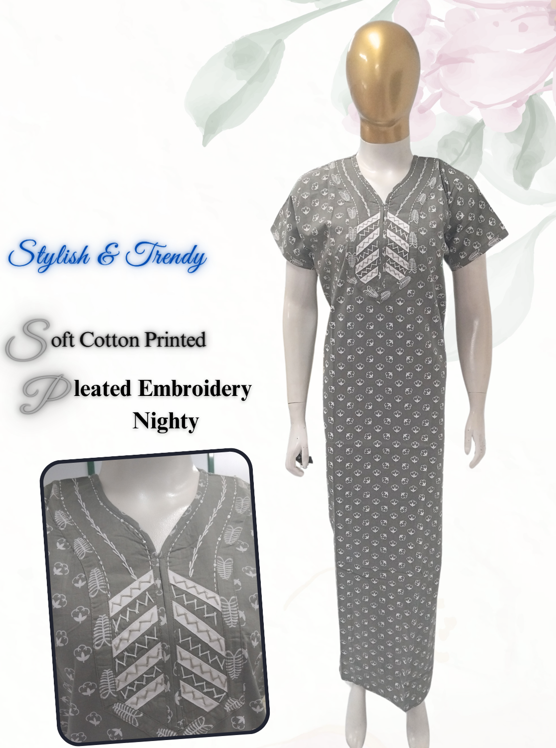 MANGAI New Collection Premium Cotton Embroidery Printed Nighties- All Over Printed Stylish Nightwear for Stylish Women | Trendy Embroidery Neck | Pleated Model (HMS)