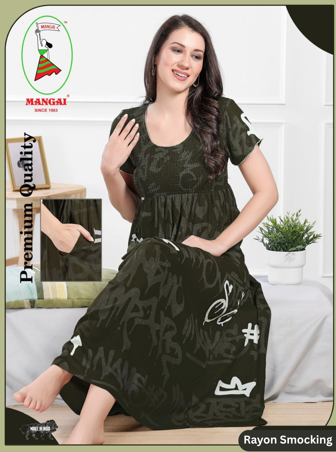 MANGAI Premium RAYON Smocking Nighty | Beautiful Pleated Design | Side Pocket | Stylish Nighty for Trendy Women's | Your Perfect Nightwear Collection's (RYS)
